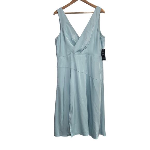NEW Aidan Mattox V Neck Satin Midi Dress Size 16 Pleated Blue Green Pockets - Picture 7 of 12